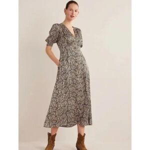 Boden Womens Midi Dress UK 16 US 12 Multicolor Floral Satin Tea V-Neck D0467 NWT